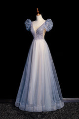 Blue V-Neck Tulle Long Prom Dress with Beaded, Elegant A-Line Formal Evening Dress