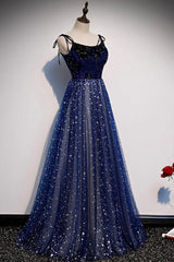 Blue Velvet Tulle Long Prom Dress, A-Line Evening Party Dress