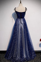 Blue Velvet Tulle Long Prom Dress, A-Line Evening Party Dress