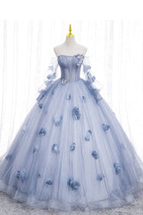 Rochie de bal cu mâneci lungi albastre cu flori, pufoasă de pe umăr rochie de quinceanera