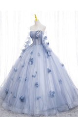 Rochie de bal cu mâneci lungi albastre cu flori, pufoasă de pe umăr rochie de quinceanera