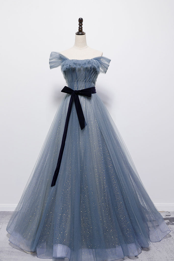 Blue Off the Shoulder Tulle Long Prom Dress with Sash, Sparkly Formal Gown