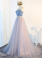 Blue Tulle Long Prom Dresses, A-Line Strapless Evening Dresses