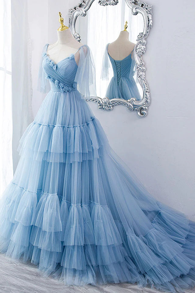 A Line V Neck New Style Tiered Long Tulle Prom Dress, Evening Gown with Flower