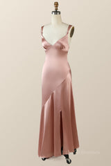 Blush Pink Silk Sheath Long Bridesmaid Dress with Slit