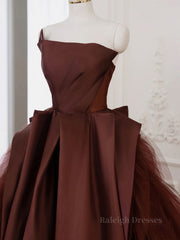 Brown Satin Tulle Long Prom Gown, Brown Long Evening Dresses
