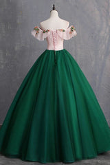 Green Off the Shoulder Floor Length Prom Dress with Appliques, Puffy Quinceanera Dress