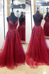 Burgundy Lace Long Prom Dresses, A-Line Backless Evening Dresses