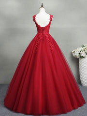 Burgundy A-Line Tulle Lace Long Prom Dress, Burgundy Formal Evening Dress