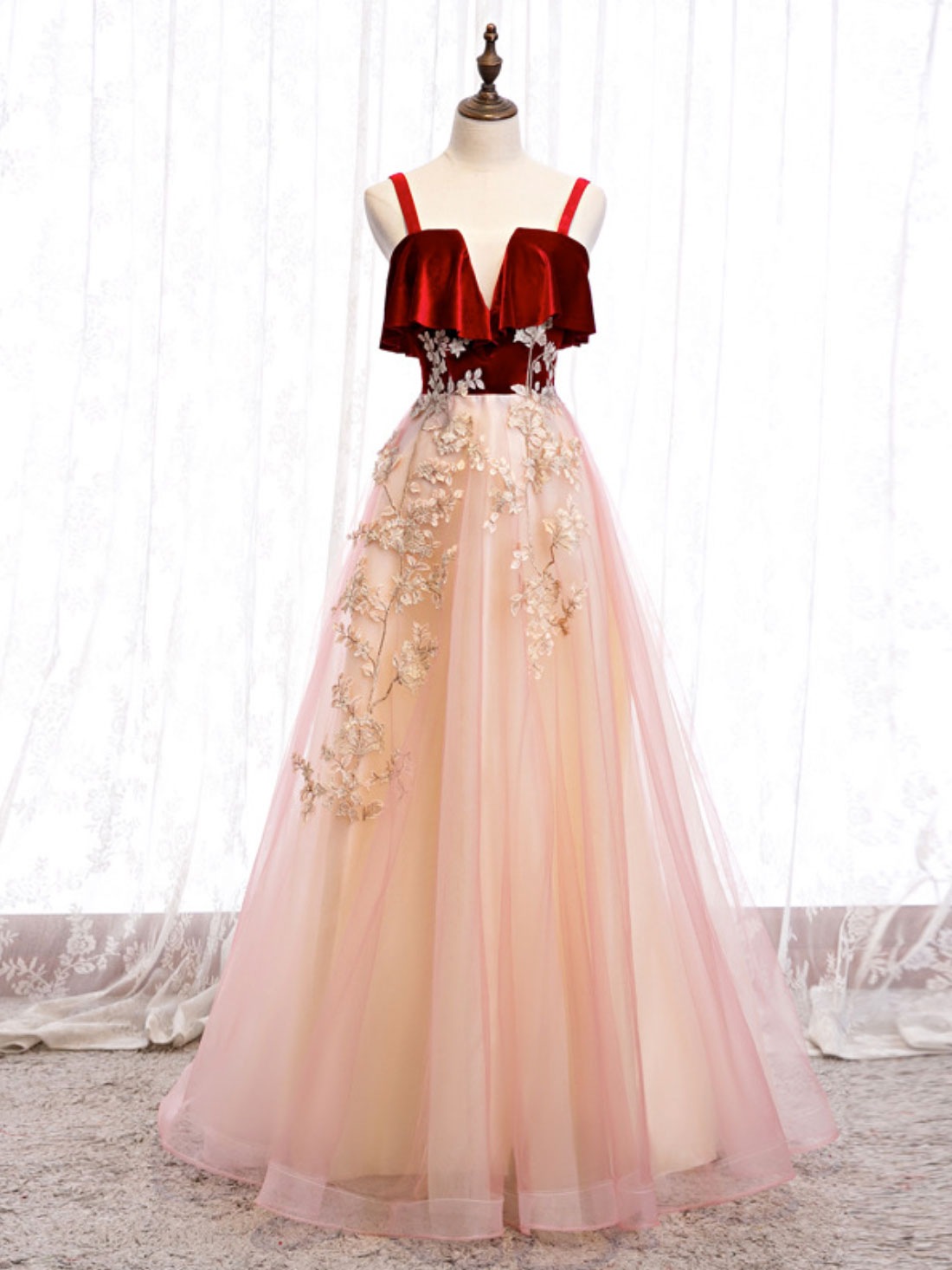 Burgundy A-line Tulle Lace Long Prom Dress Tulle Formal Dress
