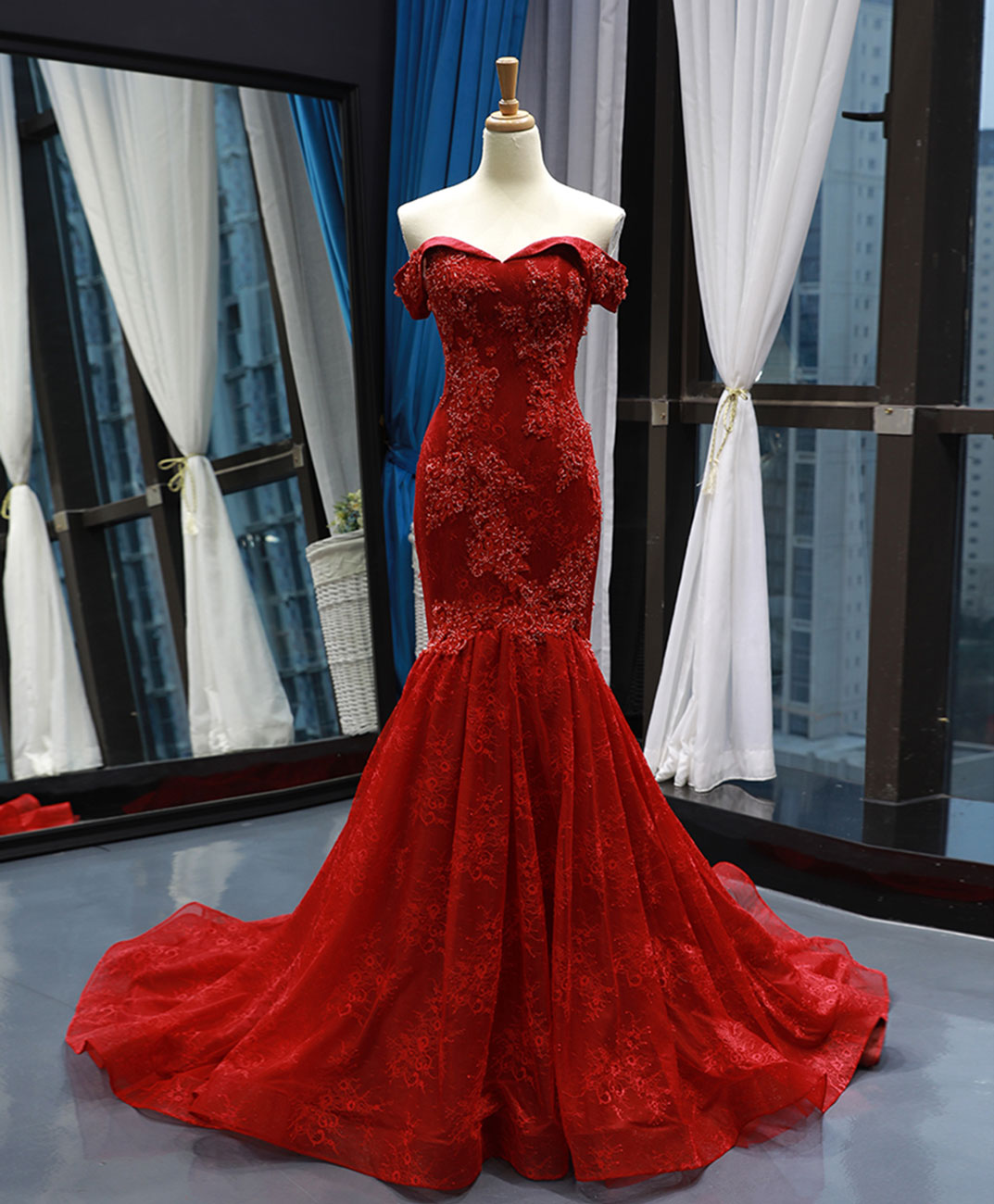 Burgundy Off Shoulder Tulle Lace Mermaid Long Prom Dress, Burgundy Evening Dress
