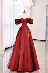 Burgundy Satin Tulle Long Prom Dress, Off the Shoulder Evening Party Dress