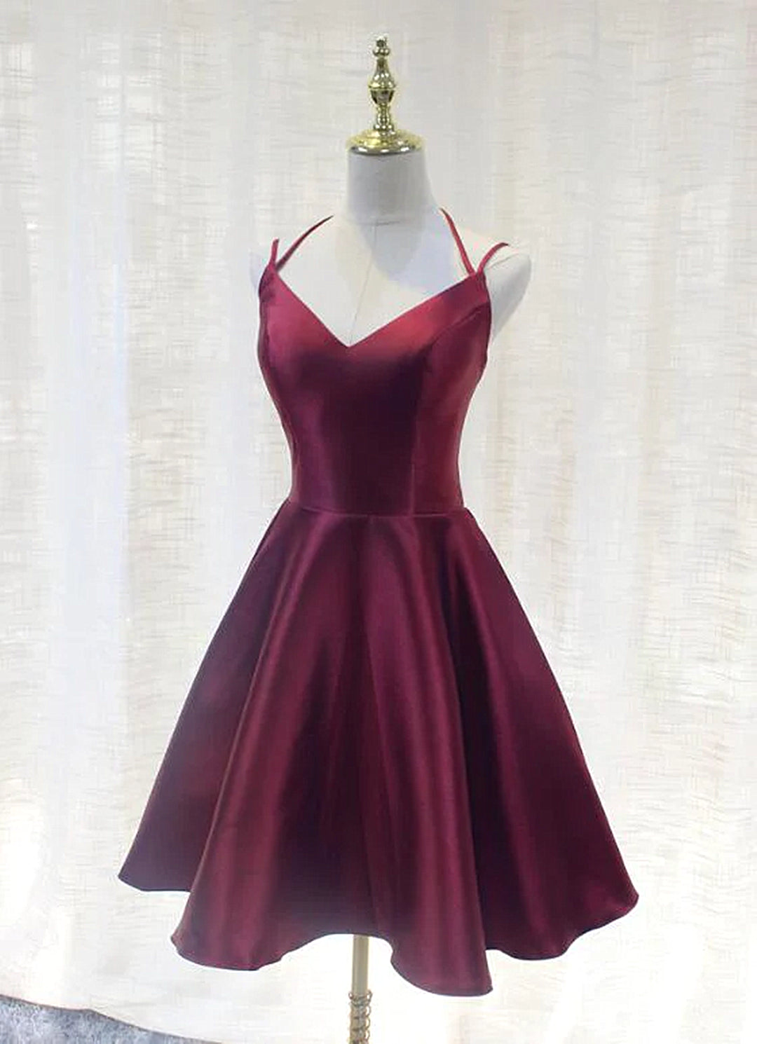 Burgundy Straps V-neckline Short Party Dress , Lovely Satin Homecoming Dress