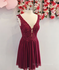 Burgundy v neck chiffon lace short prom dress, homecoming dress