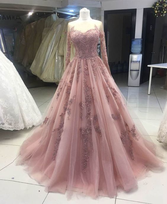 pink tulle lace prom dress long sleeve evening dress