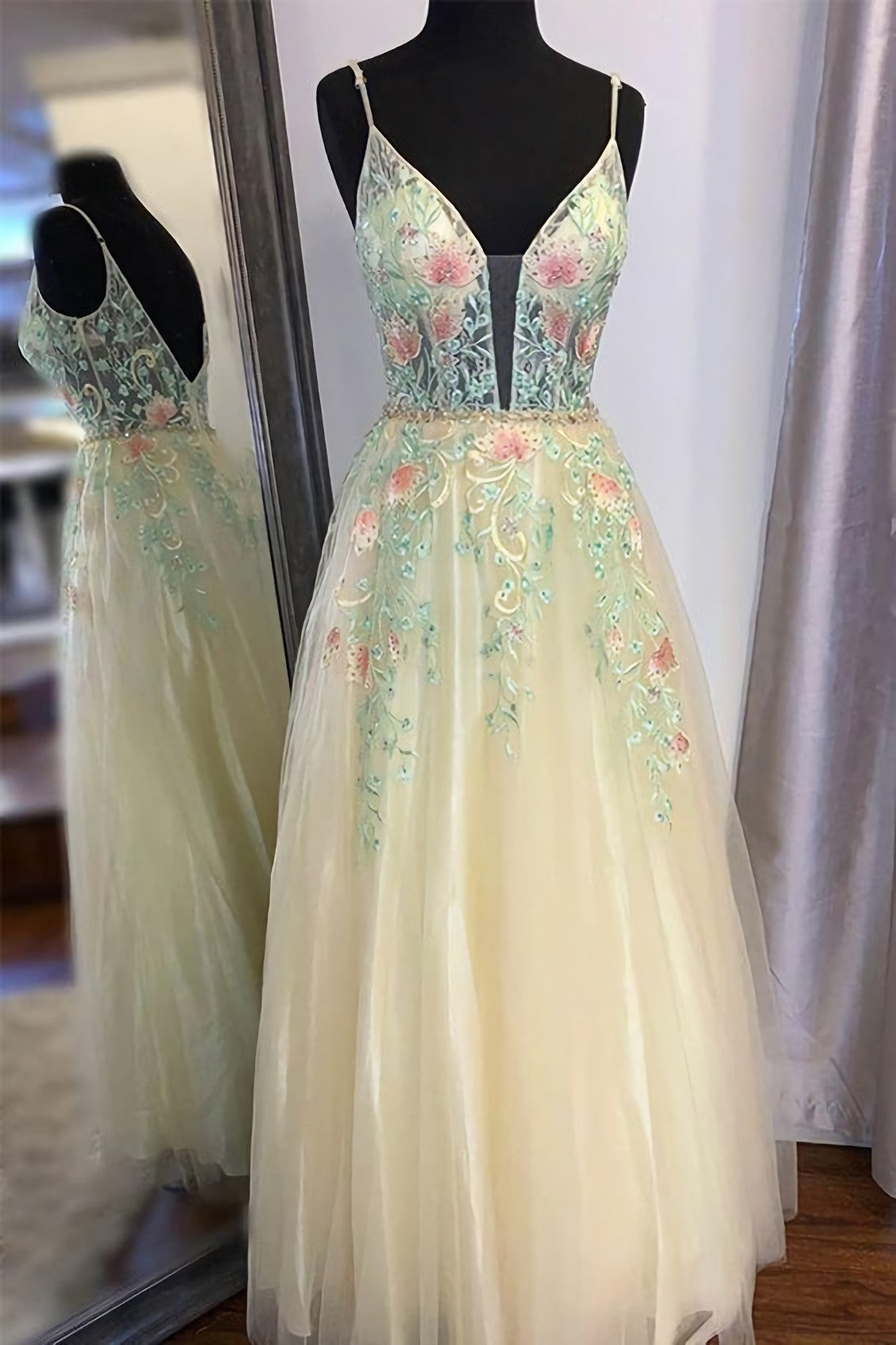 Gorgeous Straps A Line Floral Embroidered Long Prom Formal Dress