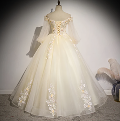 Beautiful Ivory Tulle Long Sleeves Floral Sweet 16 Gown Party Gowns Prom Dress