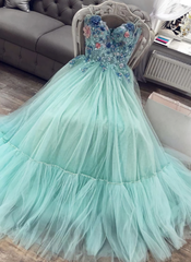 Green Sweetheart Tulle Lace Long Prom Dress, Green Evening Dress