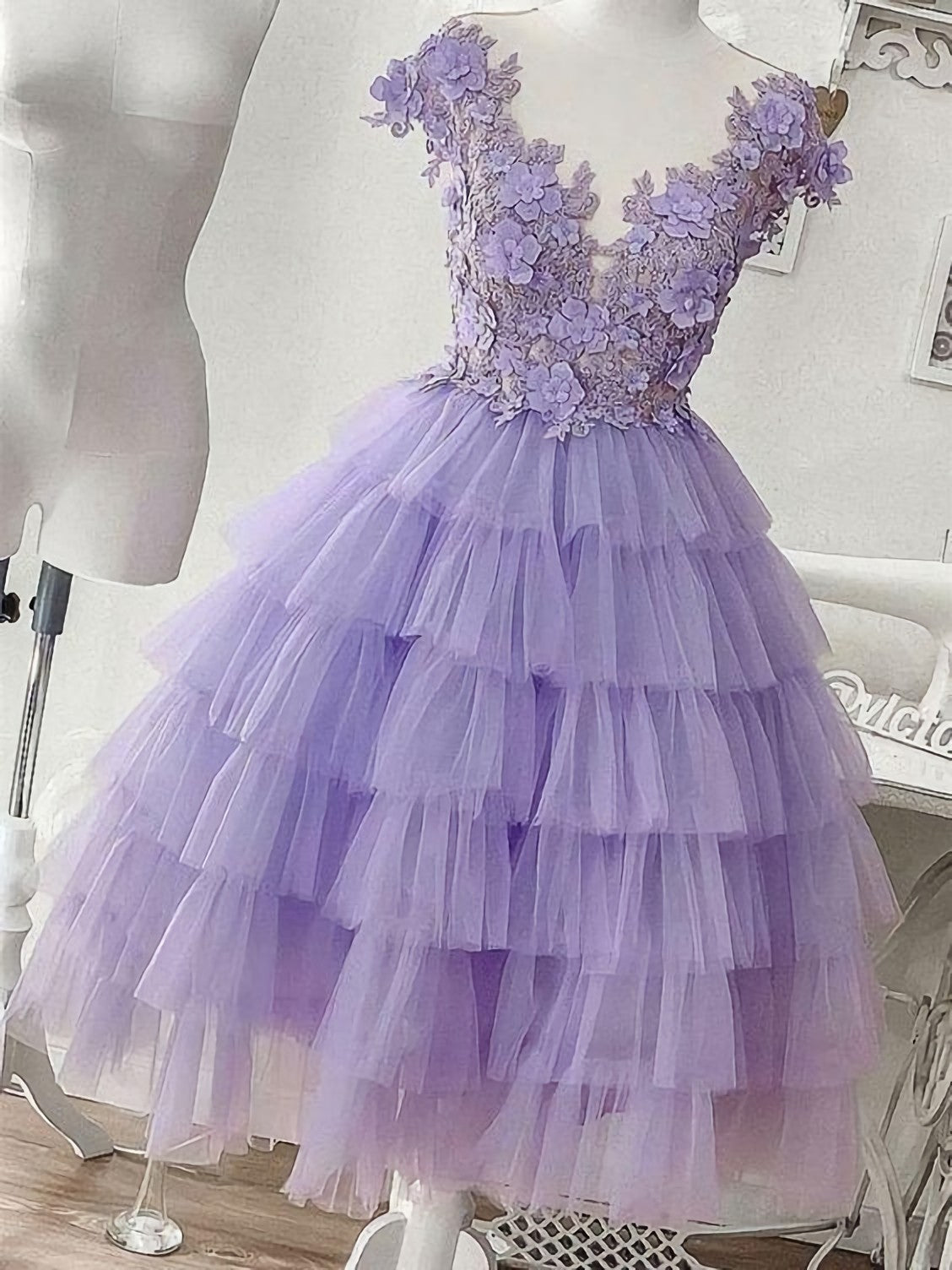 Purple Tulle Applique Short Homecoming Dress, Homecoming Dress