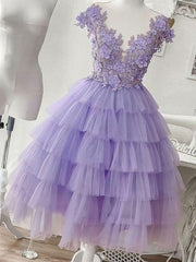 Purple Tulle Applique Short Homecoming Dress, Homecoming Dress