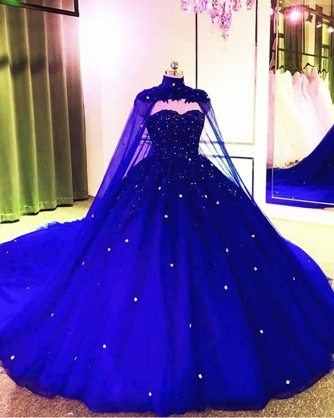Royal Blue Tulle Ball Gown Prom Dress, With Cape