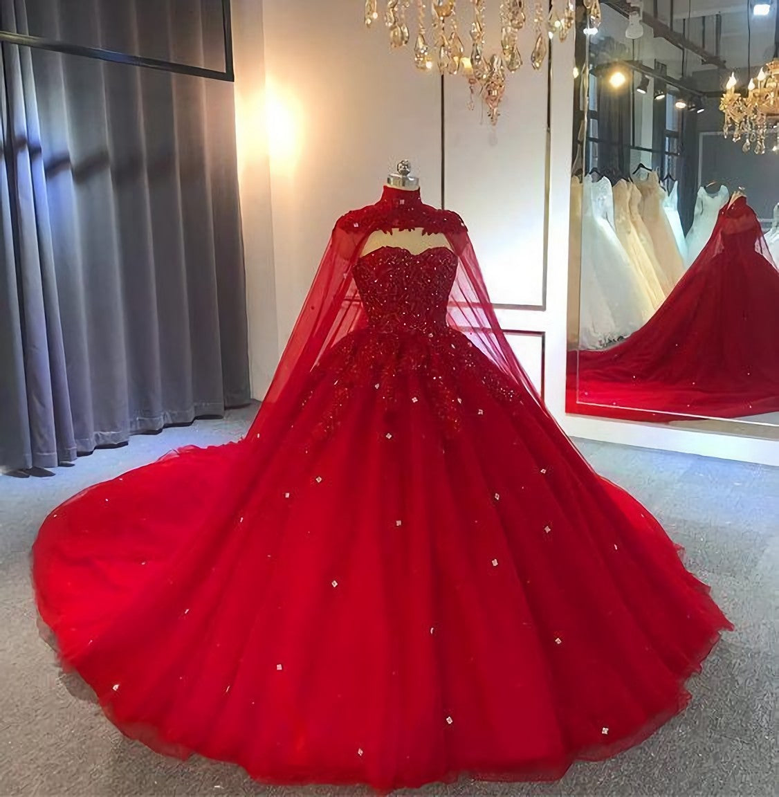 Tulle Ball Gown Wedding Dress, With Cape Prom Dresses, Evening Dresses
