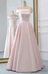 Pink Satin Long Evening Dress, With Pockets Pink Prom Gowns