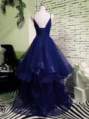 Charming Spaghetti Strps Navy Blue Prom Dress 2024 Tulle Layers Long Evening Gown