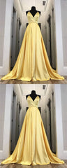 Long Yellow Prom Dresses, Leg Split Evening Gowns
