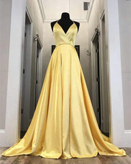 Long Yellow Prom Dresses, Leg Split Evening Gowns
