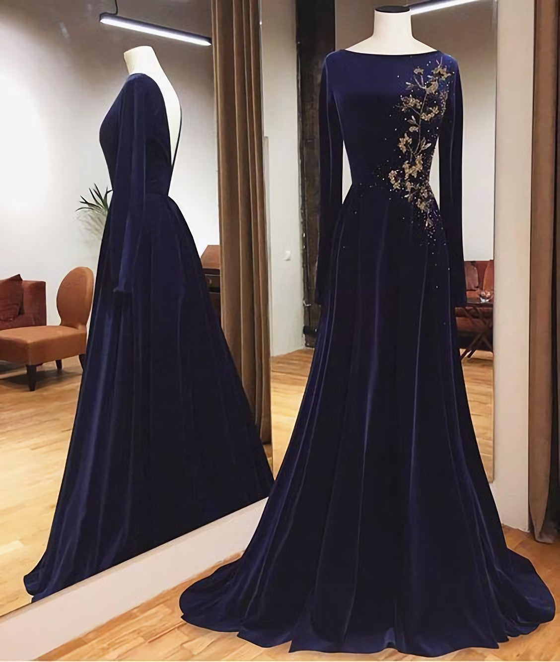Blue Long Sleeves Charming Prom Dress