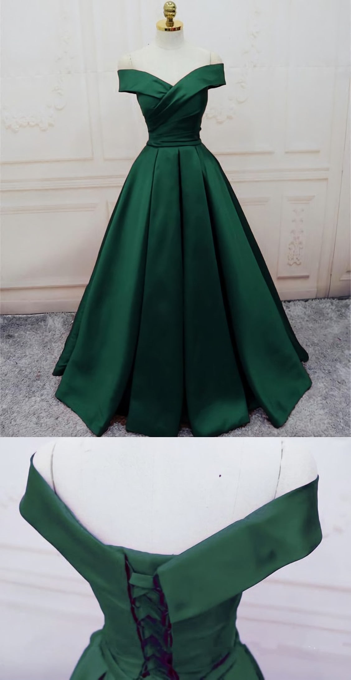 Emerald Green Long Satin Evening Dresses, V Neck Off The Shoulder Prom Dresses