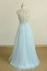 A Line Round Neck Baby Blue Lace Long Prom Dress, With Butterfly