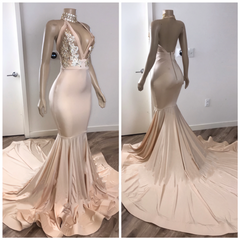 Black Girl Prom Dresses, Backless Champagne Pink Cheap Prom Dresses, With Appliques