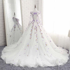 White Tulle Ruffles Long 3D Flower Lace Applique Prom Dress, Quinceanera Dress, With Sleeve