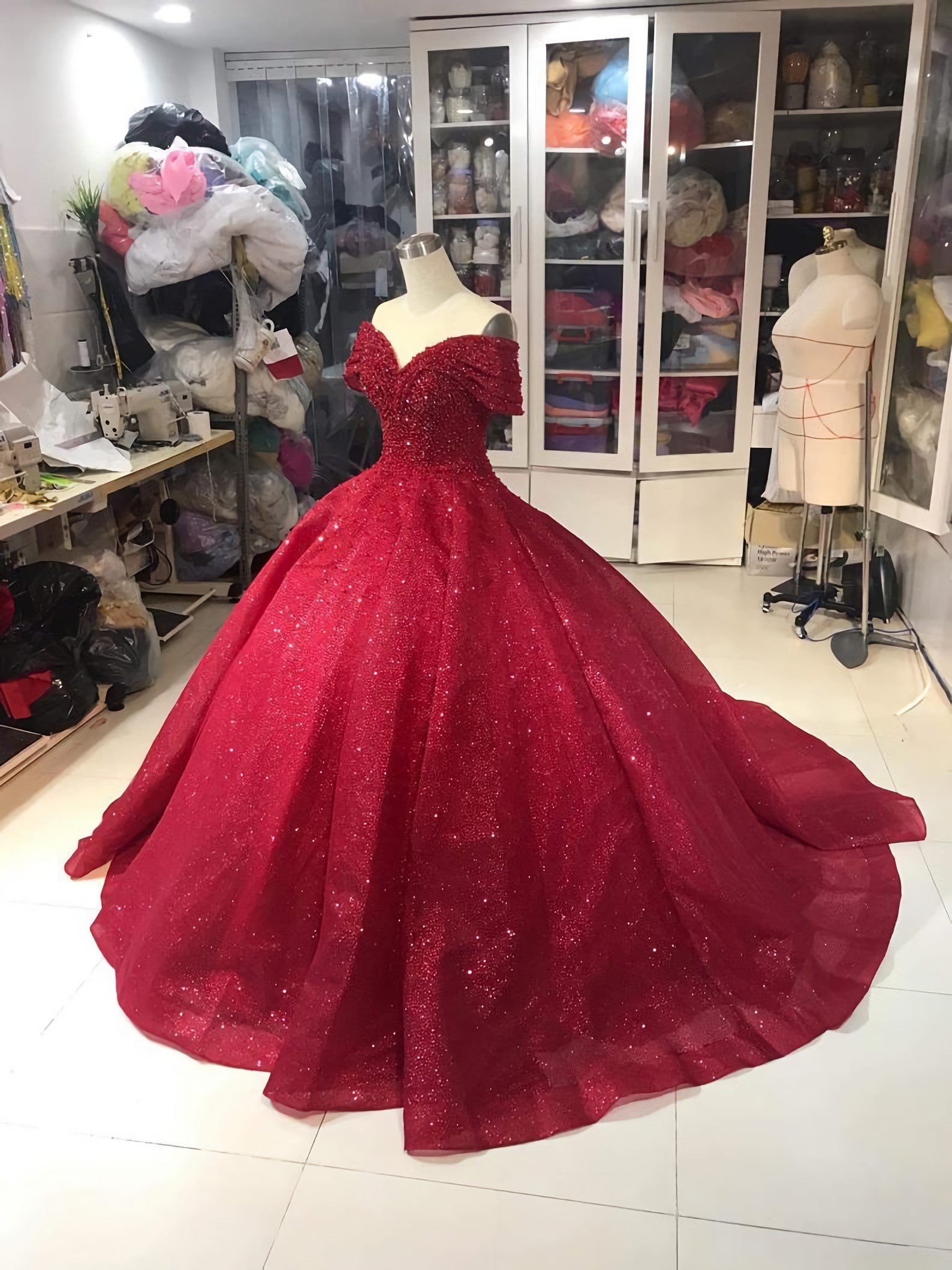 Off Shoulder Dress, Off Shoulder Red Dress, Red Glitter Fabric Red Ballgown Dress, Prom Dress