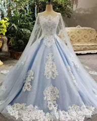 Blue And White Lace Shiny Prom Dress, Charming Prom Dress