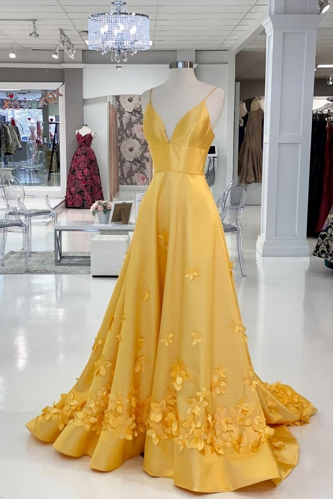 Elegant Yellow Prom Dress, With Flowers