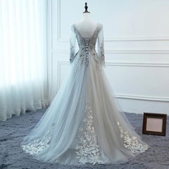 Grey Long Sleeves V Neckline Tulle Prom Dress, A Line Floor Length Party Dress