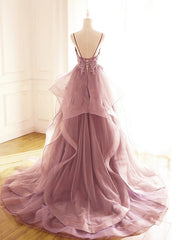 Dark Pink V Neck Tulle Lace Prom Dress, Spaghetti Strap Prom Dress, Ruffle A Line Formal Dress