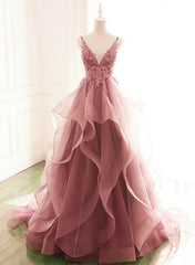 Dark Pink V Neck Tulle Lace Prom Dress, Spaghetti Strap Prom Dress, Ruffle A Line Formal Dress