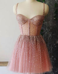 A Line Spaghetti Straps Short Dresses, Dusty Pink Beaded Homecoming Dress