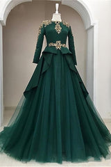 Dark Green Satin Tulle O Neck Long Sleeve Arabic Formal Prom Dress, With Applique