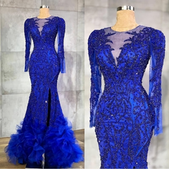 Long Prom Dress, Luxury Royal Blue Evening Dresses, Beaded Crystals Sheer Neck Mermaid Arabic Aso Ebi Party Gowns