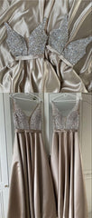 Long Champagne Satin Bridesmaid Dresses, Plunge Neck Beaded Top Prom Evening Gown