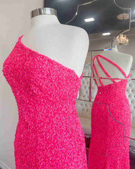 2024 One Shoulder Hot Pink Sequined Prom Dress