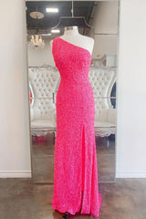 2024 One Shoulder Hot Pink Sequined Prom Dress