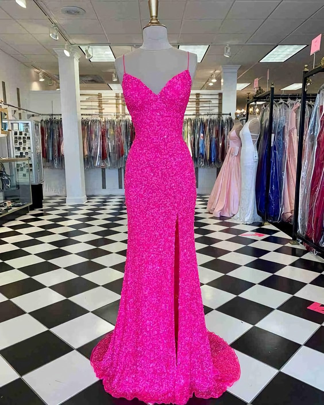 Hot Pink Straps Prom Dress, With Slit