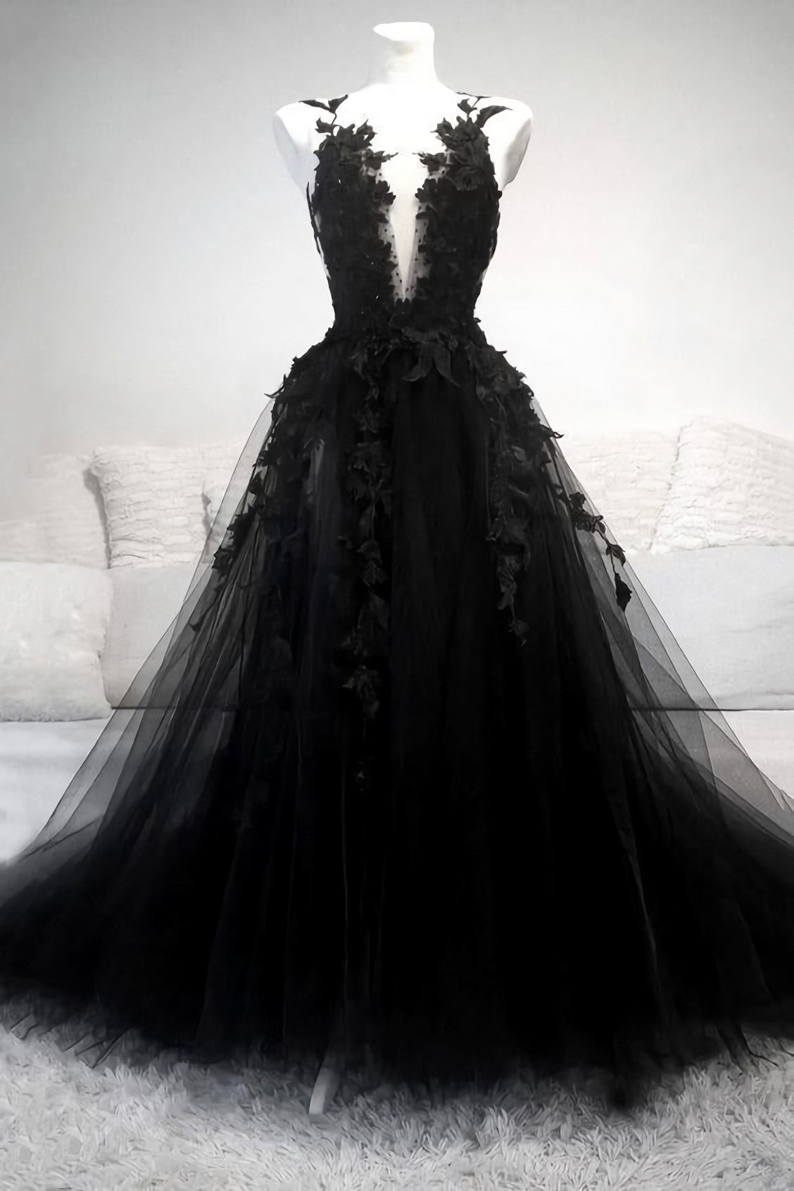 Black V Neck Lace Long Prom Dress, A Line Evening Dress
