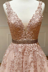 Pink V Neck Lace Long A Line Prom Dress, Evening Dress